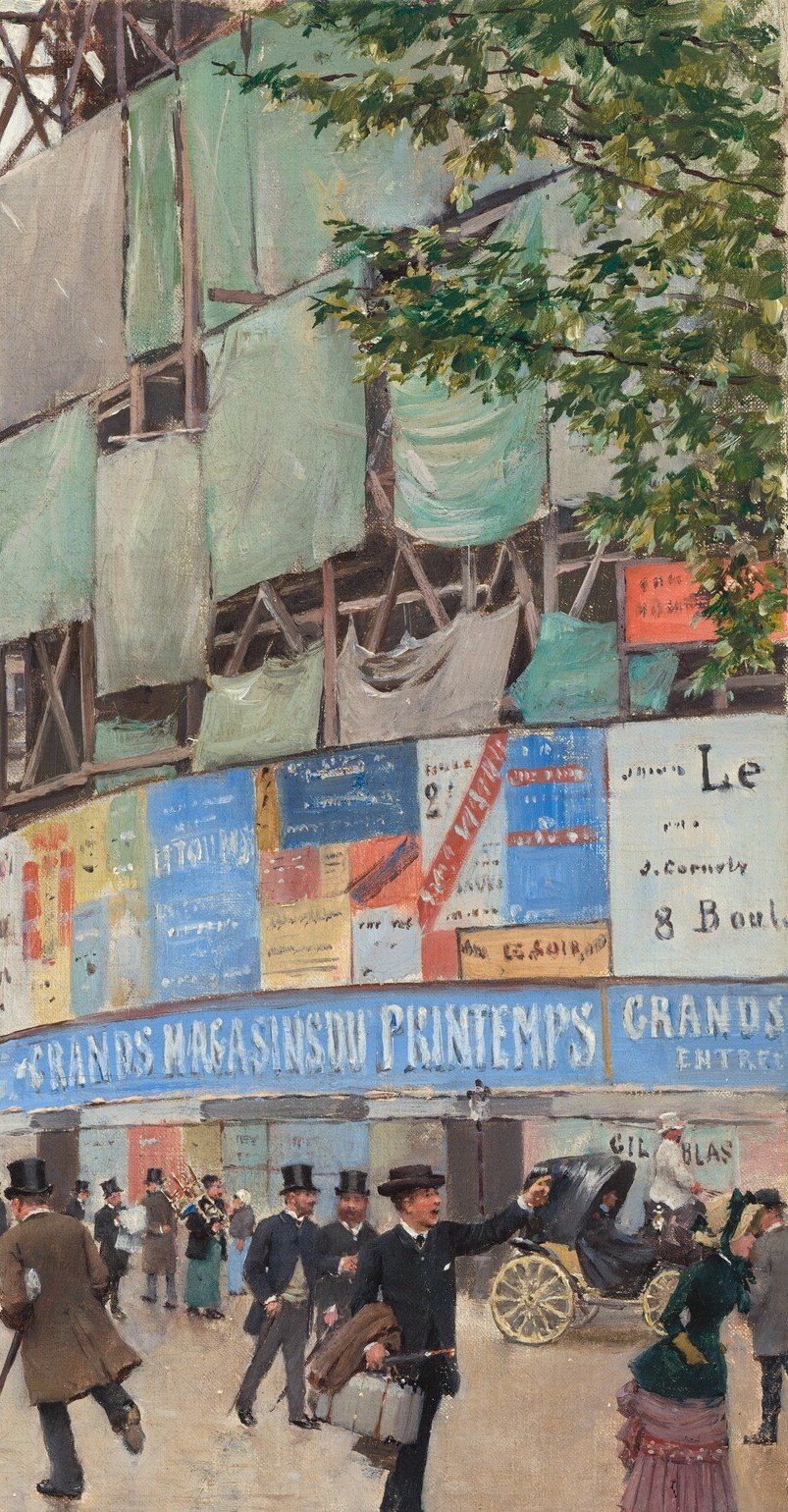The historical event the painting encodes: Printemps burned in 1881 and rose again , a cathedral of consumerism under reconstruction, frames the entire right half