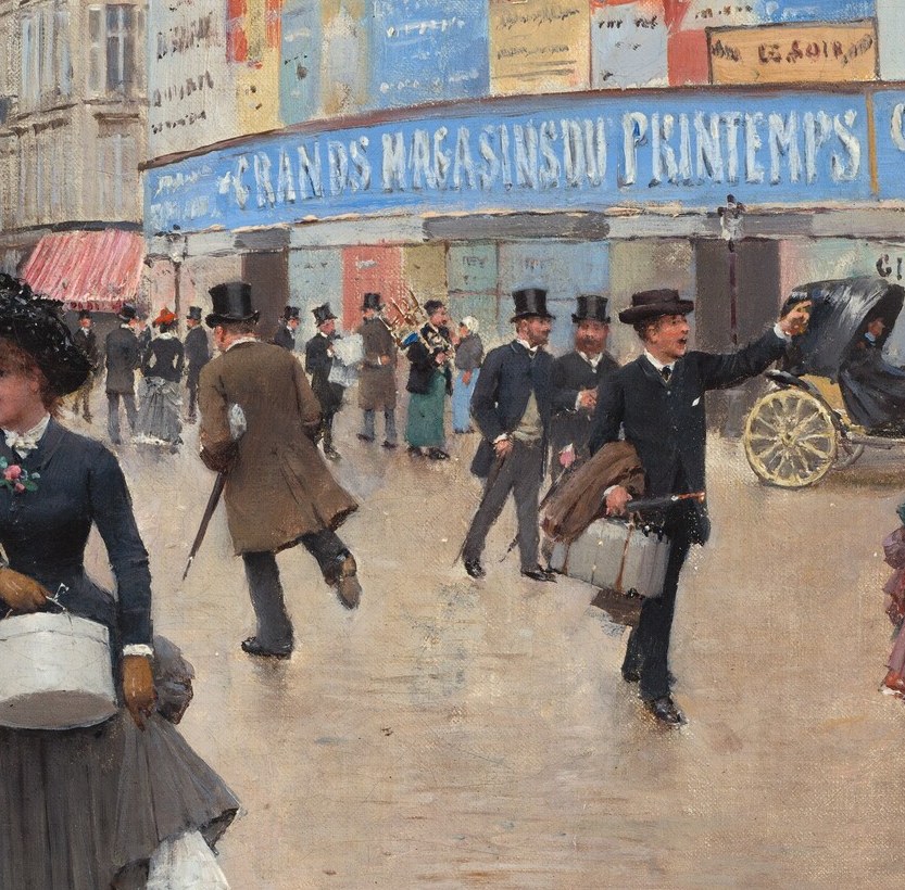Béraud's cross-section of Belle Époque Paris in motion , bourgeois strollers, workers, figures in transit , the aggregate that transforms a painting into sociology