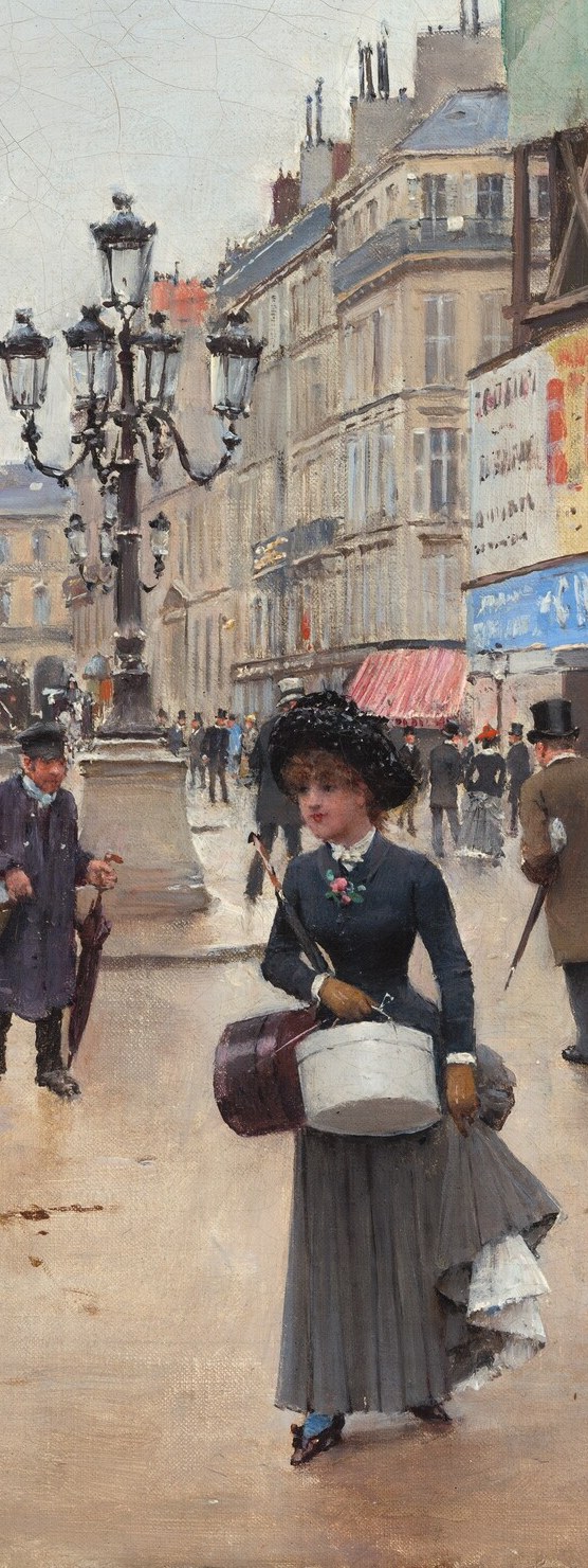 The social spine of the composition , a trottin (working-class hat deliverer) moving purposefully through a bourgeois street; her black dress against the gray pavement makes her the moral center, not merely a staffage figure