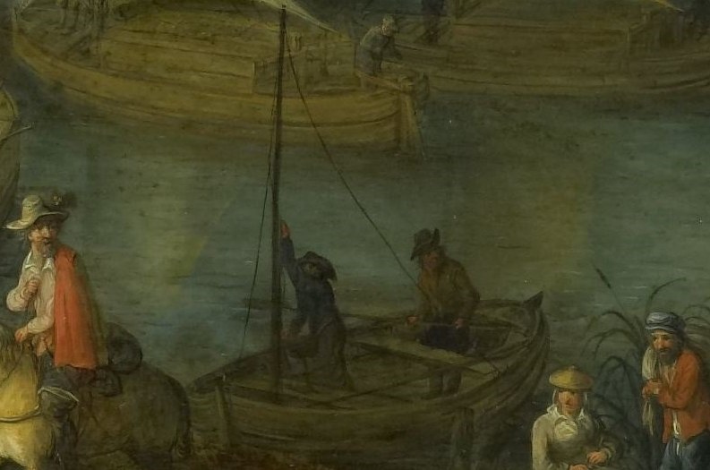 Notice the group unloading goods, a scene of daily labor.