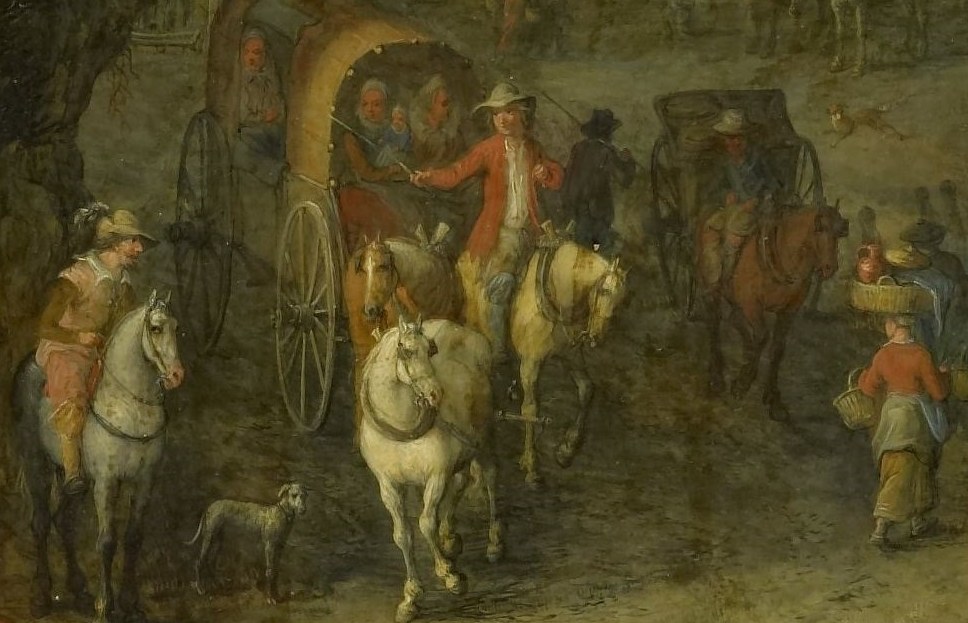 The richly dressed figures in the carriage suggest a journey or arrival, adding a narrative element of travel and social status.