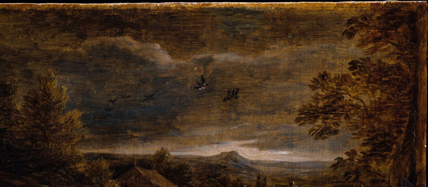 The turbulent sky creates mood tension against the tranquil ground scene , Teniers's chiaroscuro is most theatrical here