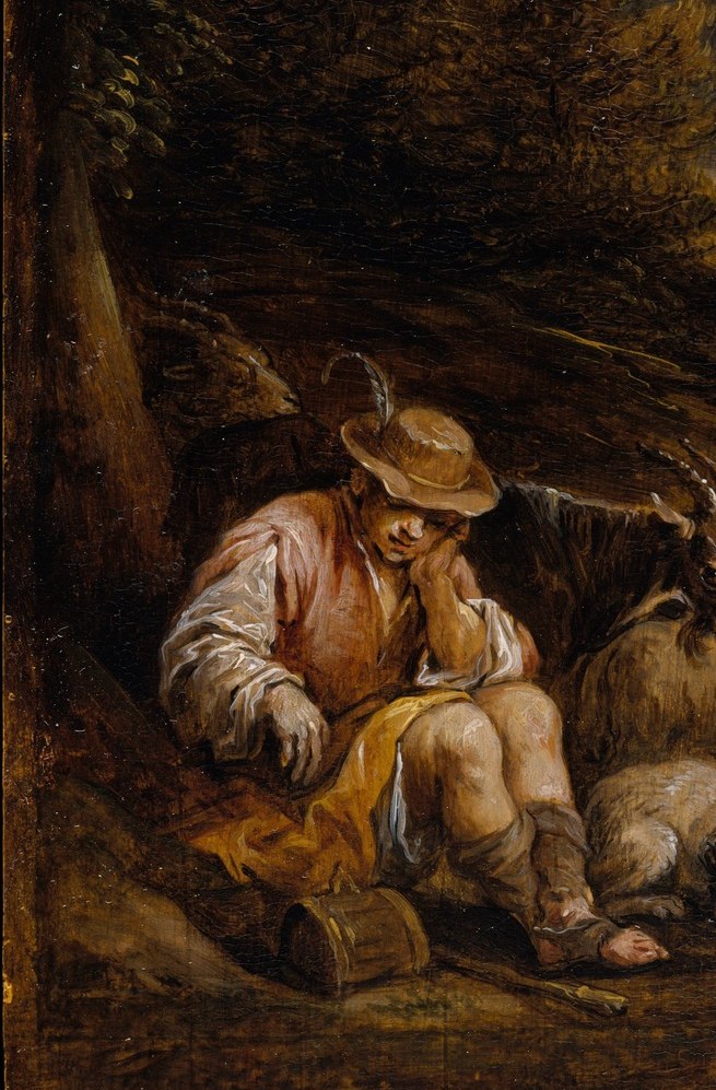 Primary human presence; his relaxed posture anchors the pastoral calm , a camera hold here reads as timeless rural ease