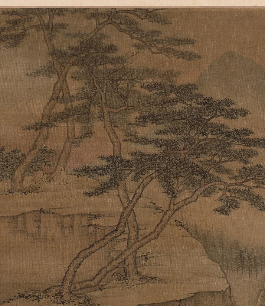 The compositional anchor; its dramatically spreading horizontal canopy and gnarled trunk embody the literati ideal of resilient solitude , a classic motif evoking Song-Yuan masters