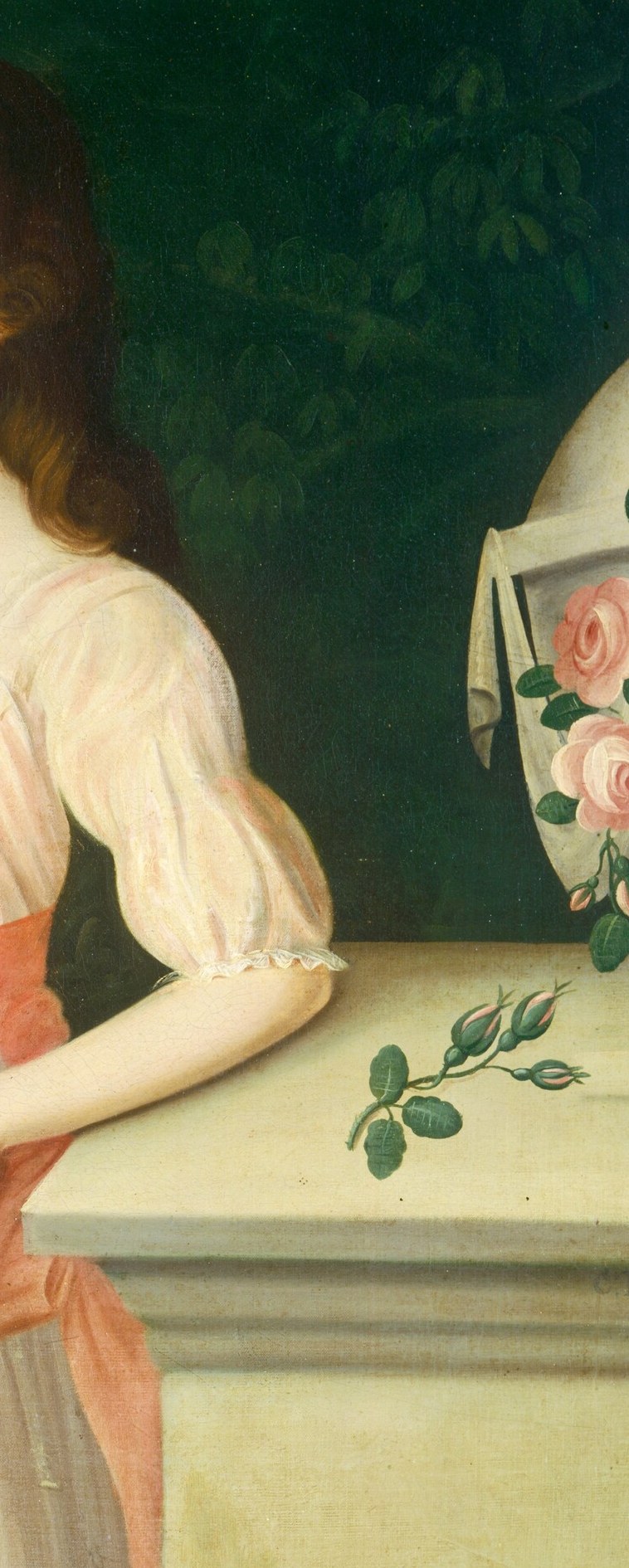 The pink-floral motifs on the vase mirror the rose in the girl's hand , a deliberate echo that frames the sitter between two expressions of bloom, one natural and one made.