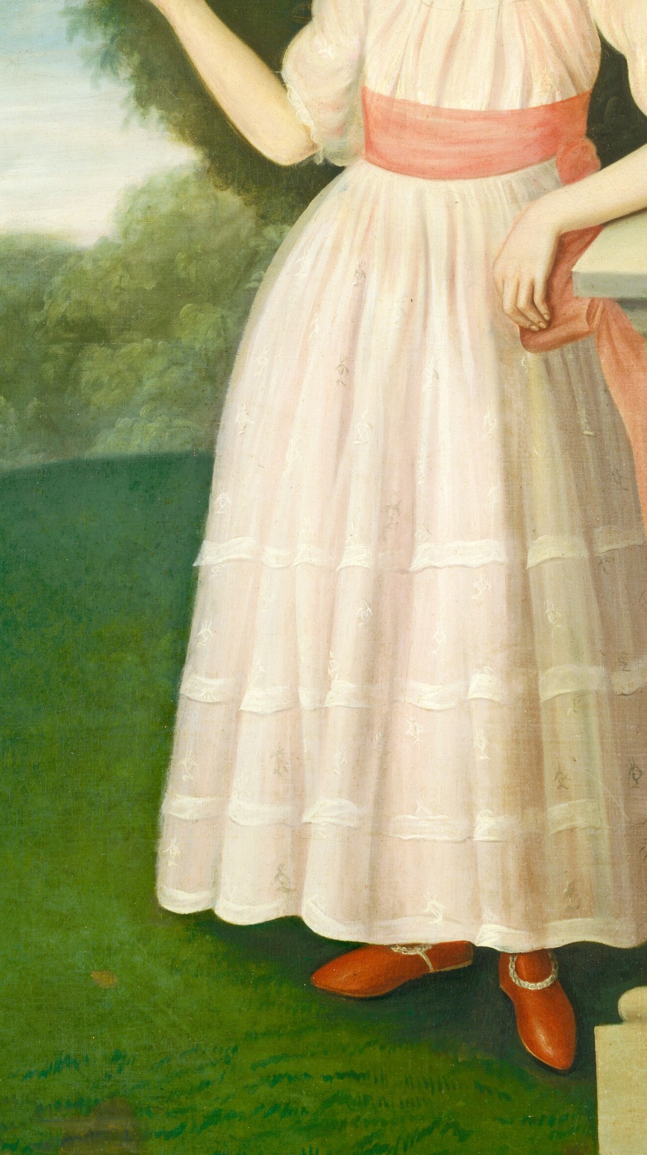 Her pure white dress reflects neoclassical fashion of the era.