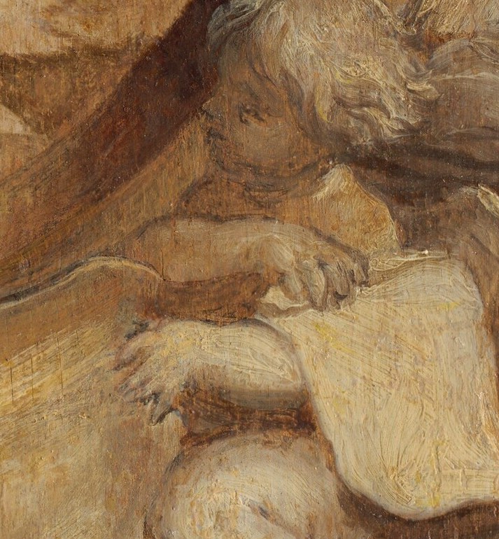 The cherub writes, because a woman's fame as a scholar was the point.