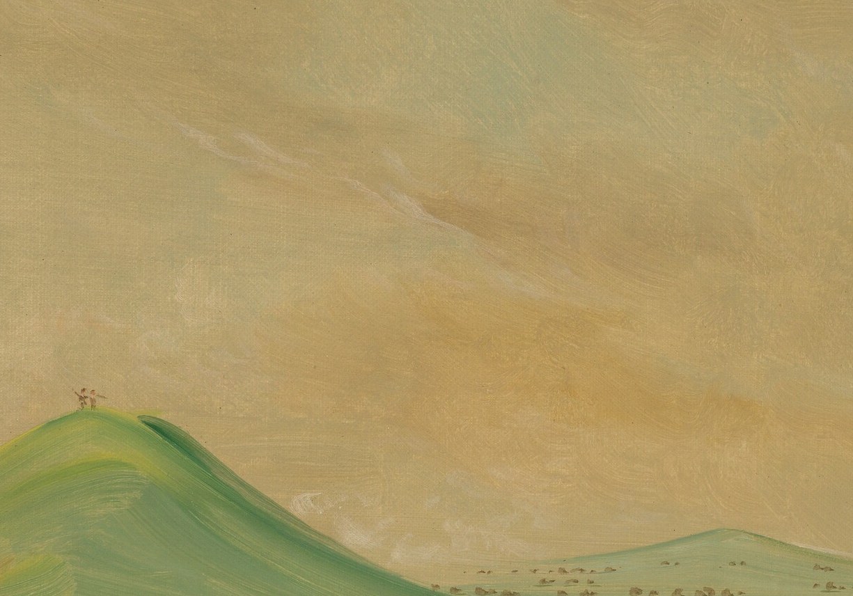 The low, broad silhouette of the mesa is the painting's geographic anchor , characteristic Texas geology that dates and locates the scene precisely.