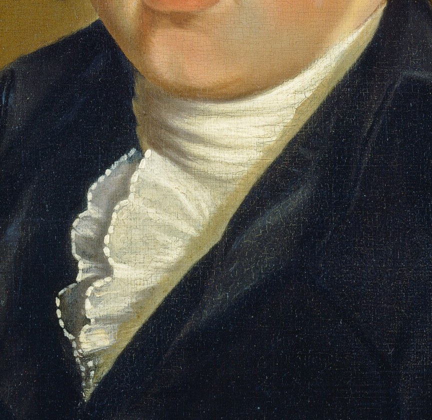 Notice his formal dark coat and crisp white cravat.