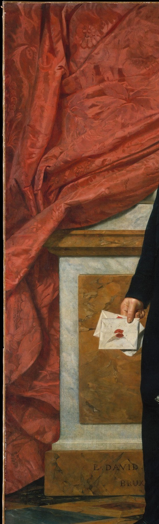 A theatrical Baroque backdrop device; the deep red creates warm contrast against the cold blue uniform and signals power and ceremony.