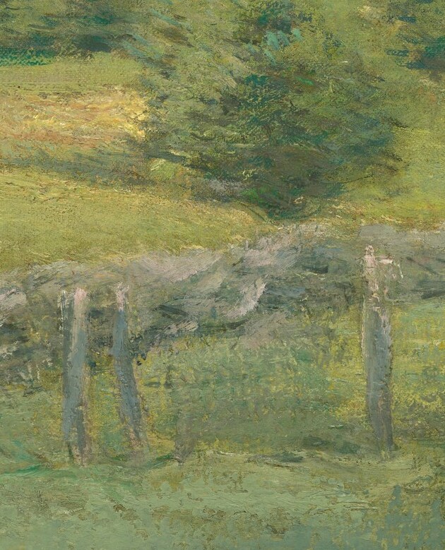 A woman rests, surrounded by dense, textured woods.