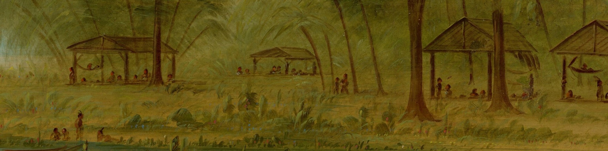 Look closely at the figures beneath the huts, engaged in daily life.