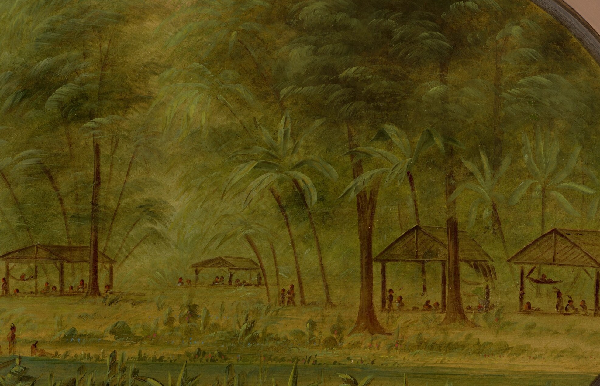 Palm trees shade the modest homes, conveying a humid atmosphere.