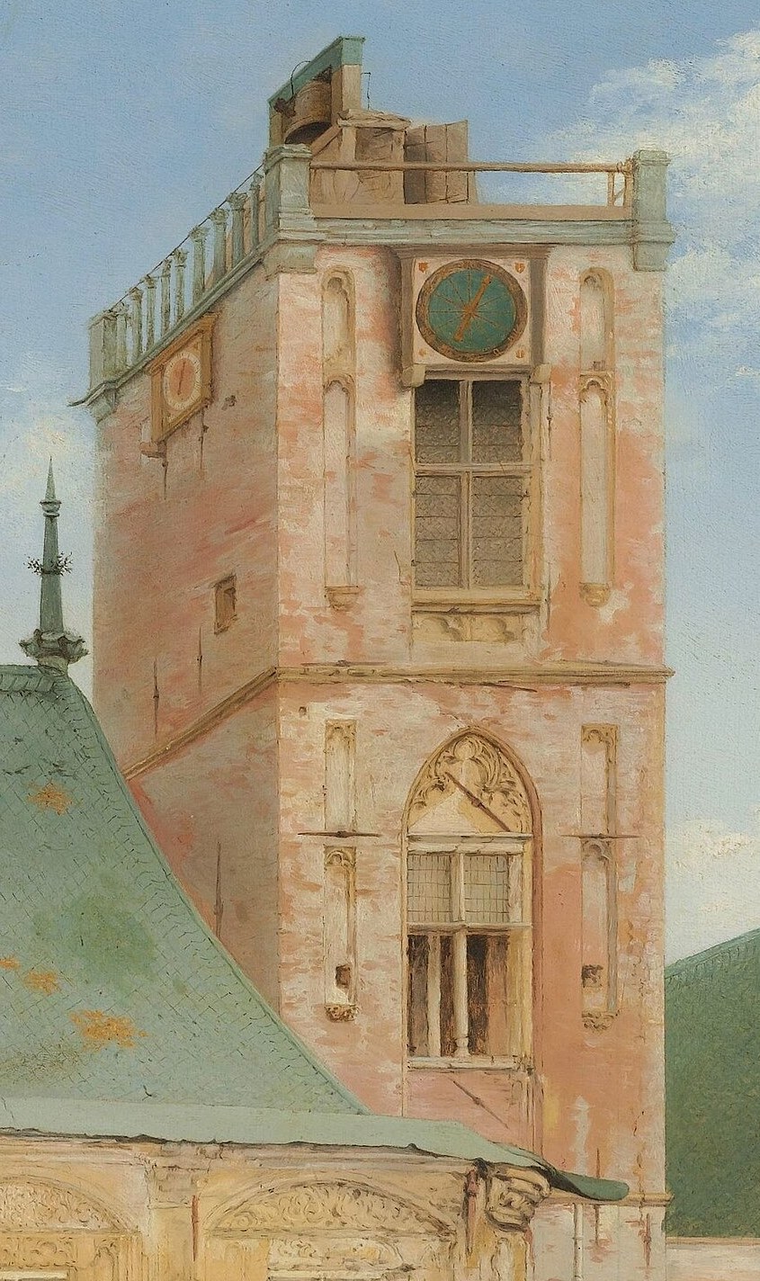 A prominent vertical element that anchors the composition and suggests civic timekeeping.
