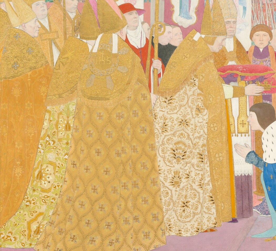 The rich fabric and patterns suggest high status and ceremonial importance.