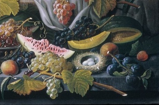 The seed-packed interior is the painting's most explicit symbol of fertility and future bounty; cutting it open makes visible what the intact fruits only imply, inviting the viewer inside the anatomy of abundance.