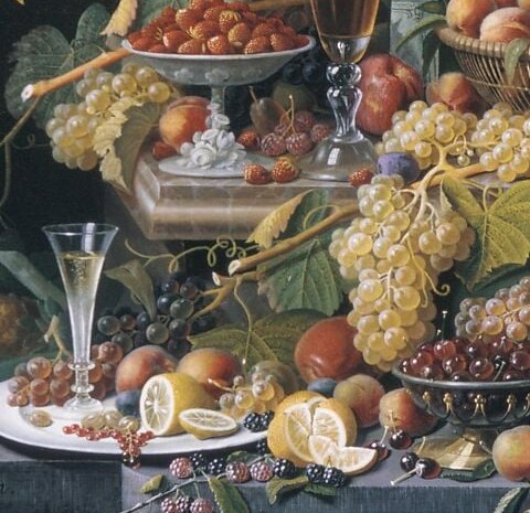 Dominant mass of the lower composition; each berry is a tiny glass sphere with its own highlight and transmitted color , the grapes are where Roesen proves he can render translucency at scale.
