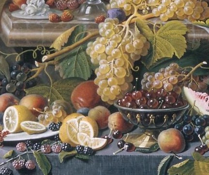 Luminous against the near-black ground; the side-by-side dark and light varieties demonstrate his entire tonal range within a single fruit species and create a deliberate visual contrast.