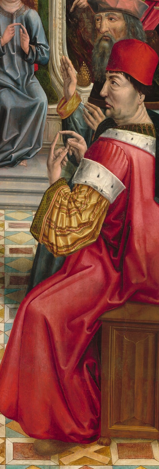 His animated gesture and direct gaze towards Christ suggest he is actively questioning or debating.