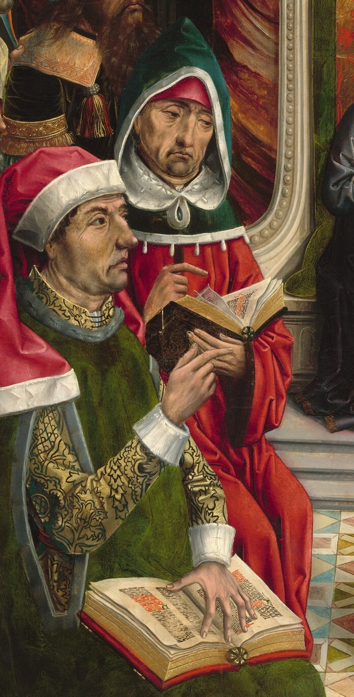 The doctors question him closely, some consulting ancient texts.