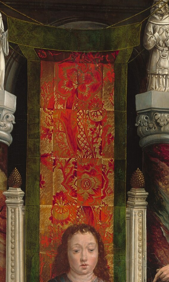 The rich texture and intricate pattern of the tapestry create a focal point and suggest the importance of the setting.