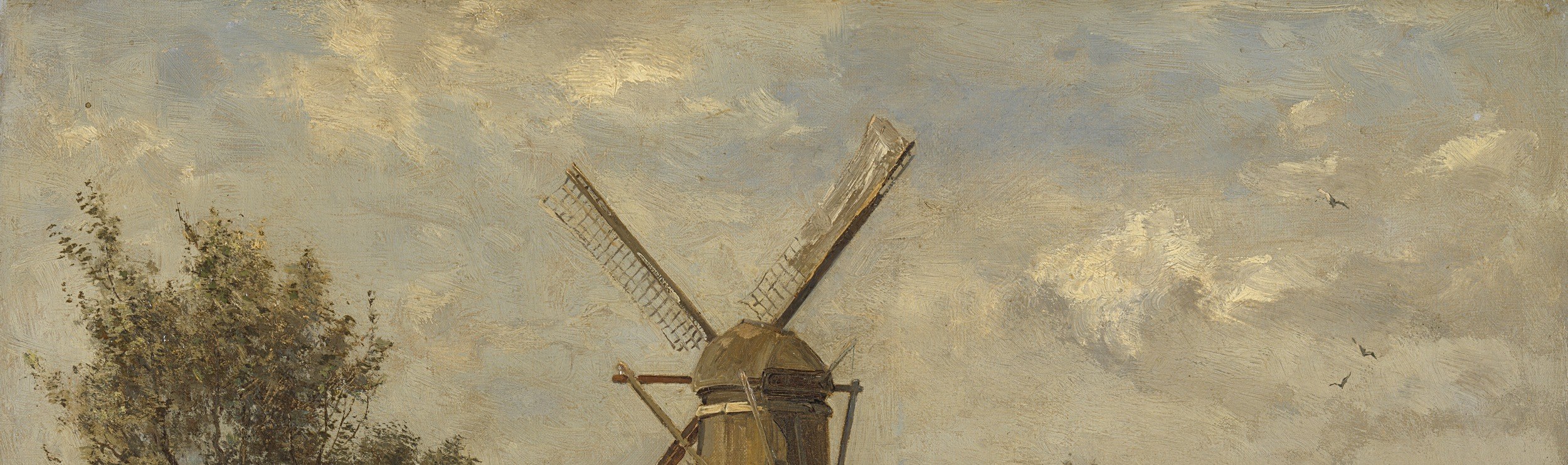 Gabriël's signature achievement , the Dutch sky occupies nearly half the canvas, its layered grey-white clouds diffusing light to create the characteristic Hague School atmosphere.