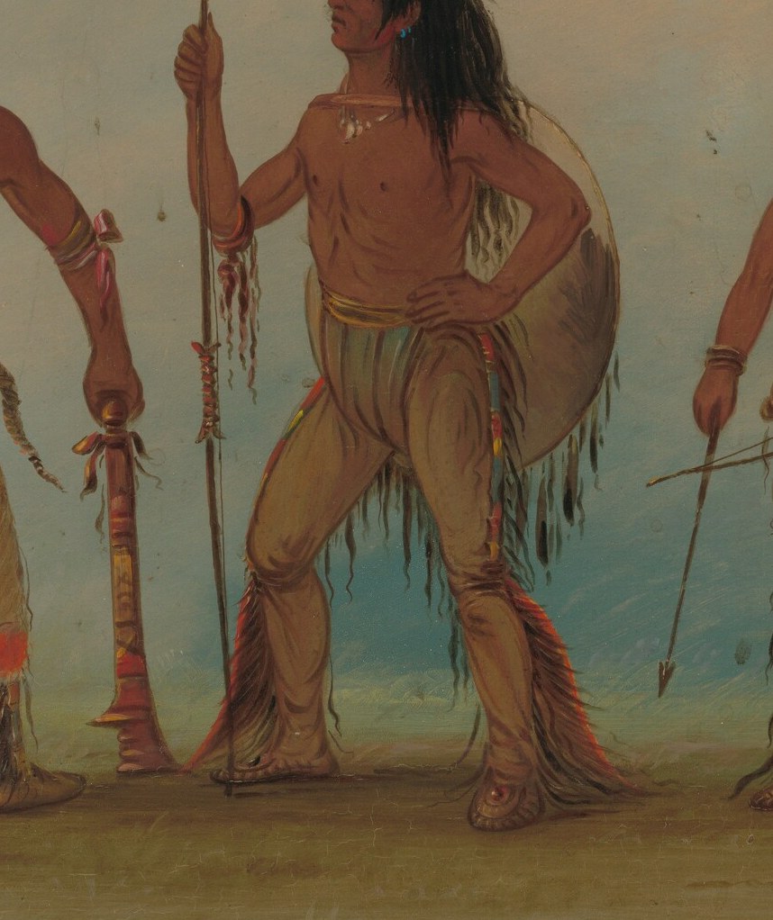 His stance and weaponry indicate readiness and a warrior's presence.
