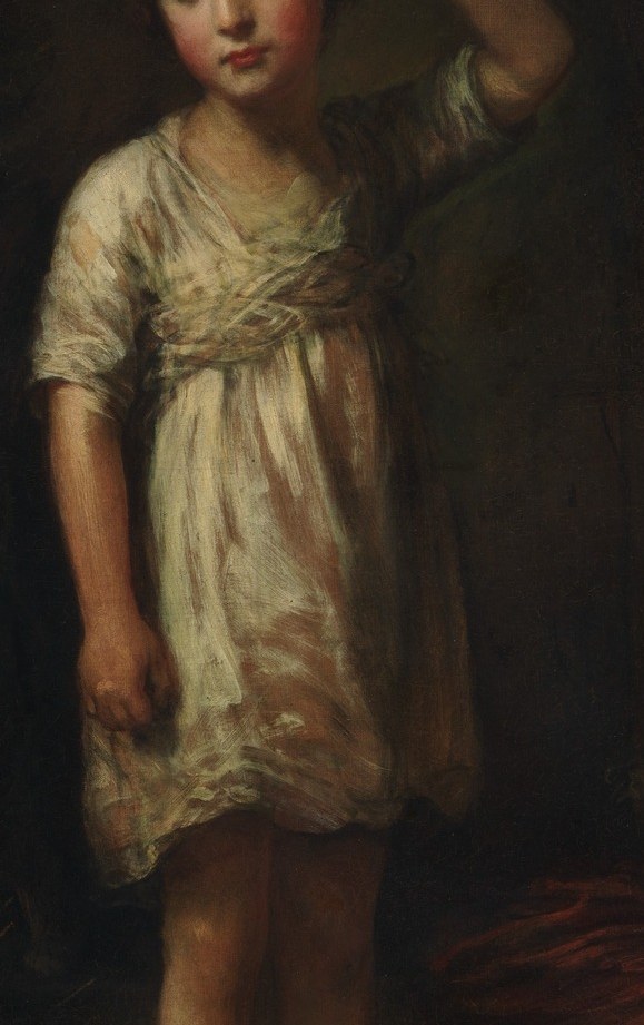 He is shown in a simple white dress.