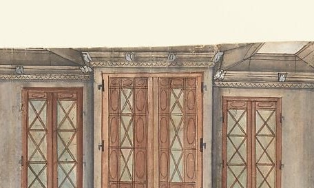 Slightly wider or more prominently framed than its neighbors, this panel sits on the building's axis of symmetry and would mark the principal reception chamber behind it.
