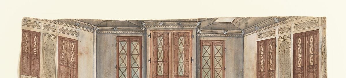 The reddish-brown latticed screens are the dominant motif and immediately locate the scene inside Mughal or Rajput palatial architecture , the jali allows inmates to observe the world unseen, encoding rank and seclusion in the structure itself.