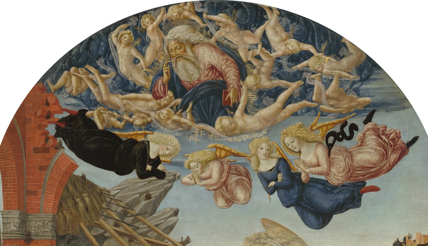 A dense, overlapping cluster of musical angels breaks through the heavens above the earthly scene , the supernatural made visually literal, with varied postures suggesting song and instrumental play.