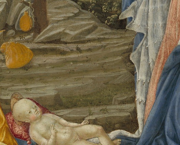 Placing the child directly on earth rather than in a manger is a deliberate 15th-century theological statement about Christ's vulnerable humanity , a detail worth narrating to viewers.