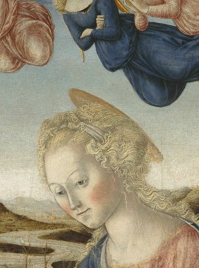 Her expression of simultaneous humility and awe distills the theological core of the Nativity; fine tempera flesh tones allow nuanced rendering even at this scale.