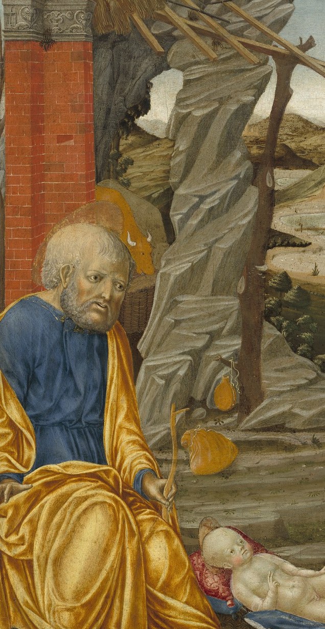 Joseph's rich golden drapery creates a warm chromatic counterpoint to Mary's cool blue; his kneeling posture elevates him from passive witness to active worshipper.