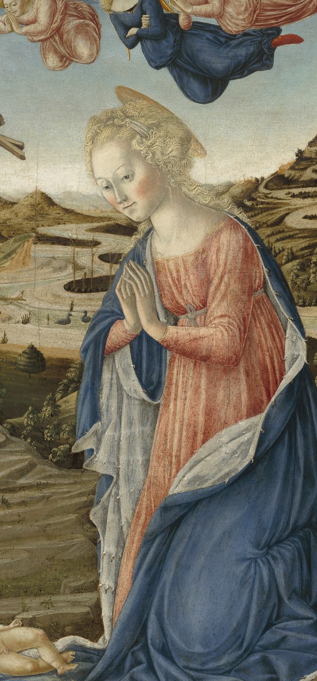 Mary's posture , kneeling with hands perhaps folded in prayer , and her color coding in blue and rose anchor the emotional center of the composition; she bridges earth and the divine above.