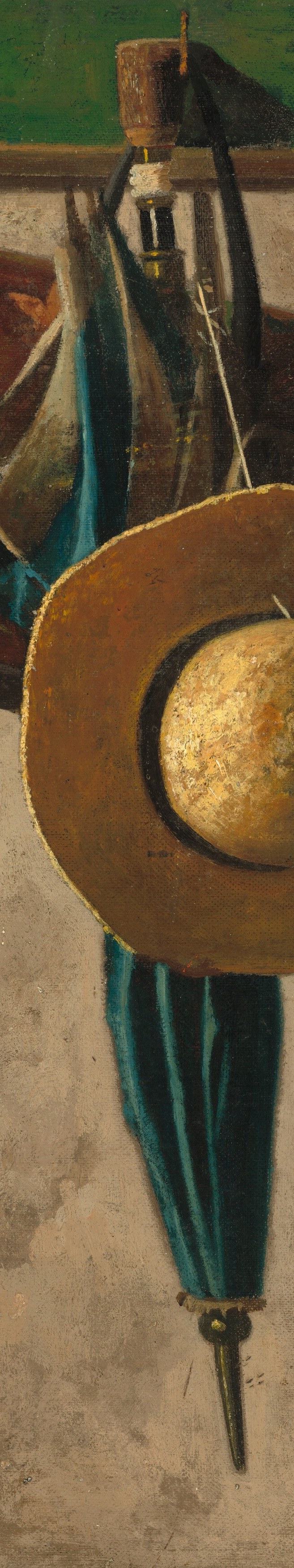 The vertical axis of the entire composition; its saturation pops against the neutral wall and the warm hat, and its tight furling shows another surface texture to study.