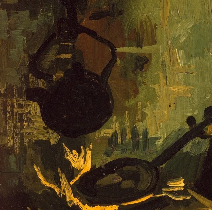 The sole light source; the orange-yellow tongue of flame creates the entire tonal logic of the painting and is the warmest passage in an otherwise earth-dark canvas