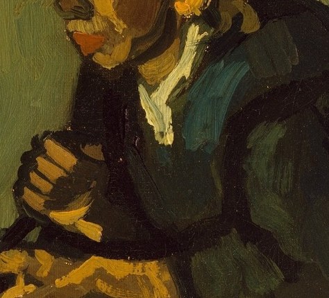 The only light tone on the figure , a sliver of contrast that lifts her face from the dark dress and signals modest respectability within poverty