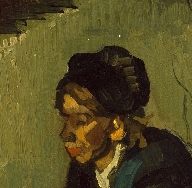 The anchor of the composition , her downward gaze and set jaw convey absorbed, unsentimental labor; the bonnet silhouettes her against the dark wall