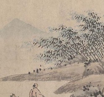 A blue-black figure watches from the grove. It is Krishna.