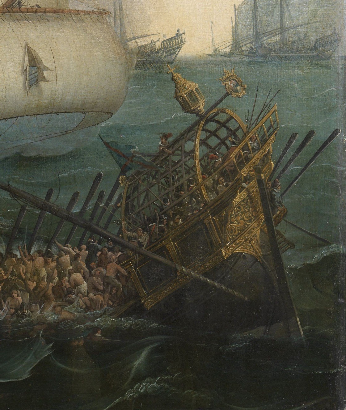 See the splintered hull of the Spanish ship, rammed by the Dutch.