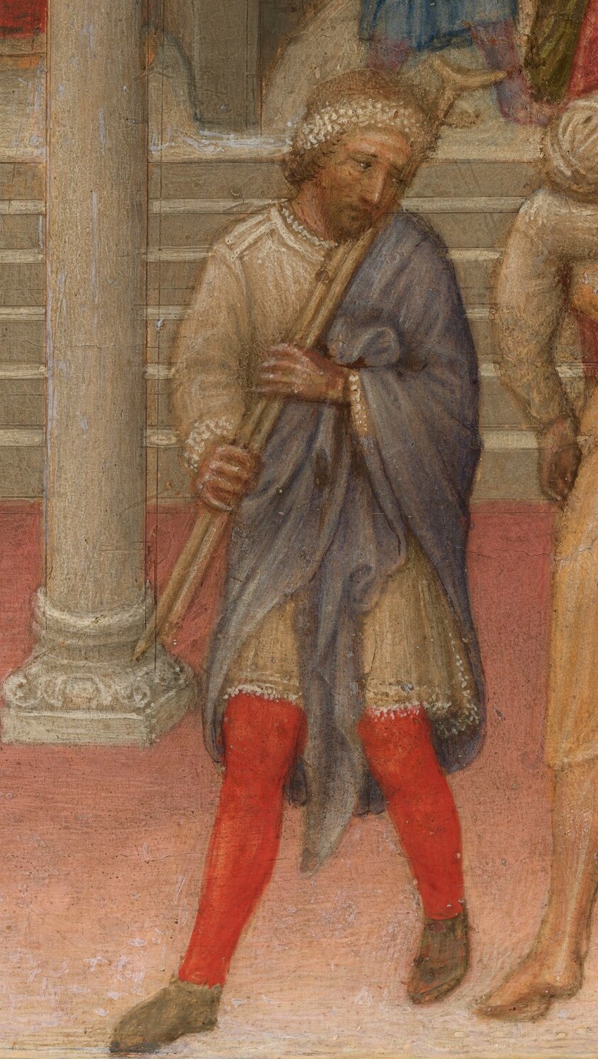 His posture and gaze suggest he is a witness or perhaps a pilgrim, adding to the scene's narrative.