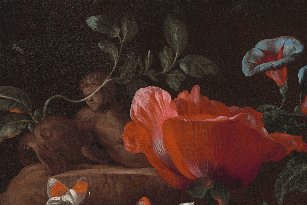 The dominant anchor bloom; its fully opened petals and commanding position establish the painting's vertical thrust and direct the eye down through the arrangement.