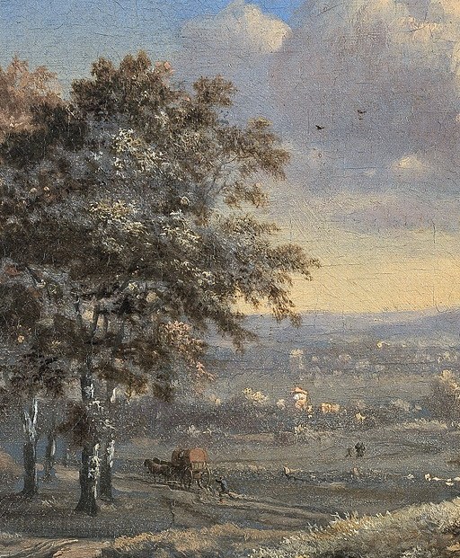 A prominent, detailed tree that anchors the left side of the composition.