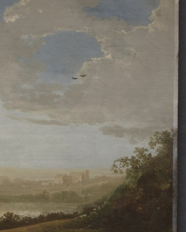 Dark repoussoir trees bracket the composition and funnel the eye toward the luminous centre; their density also hides the painting's darkest shadows.