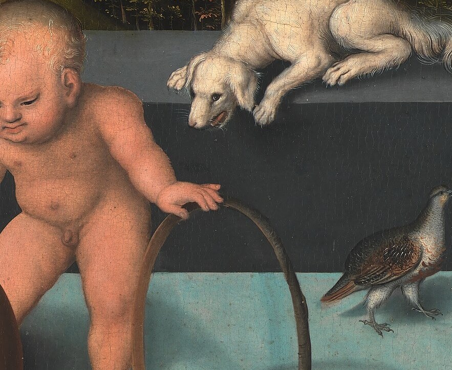 The child's posture and expression suggest a moment of playful struggle, a fleeting joy amidst the overall melancholy.