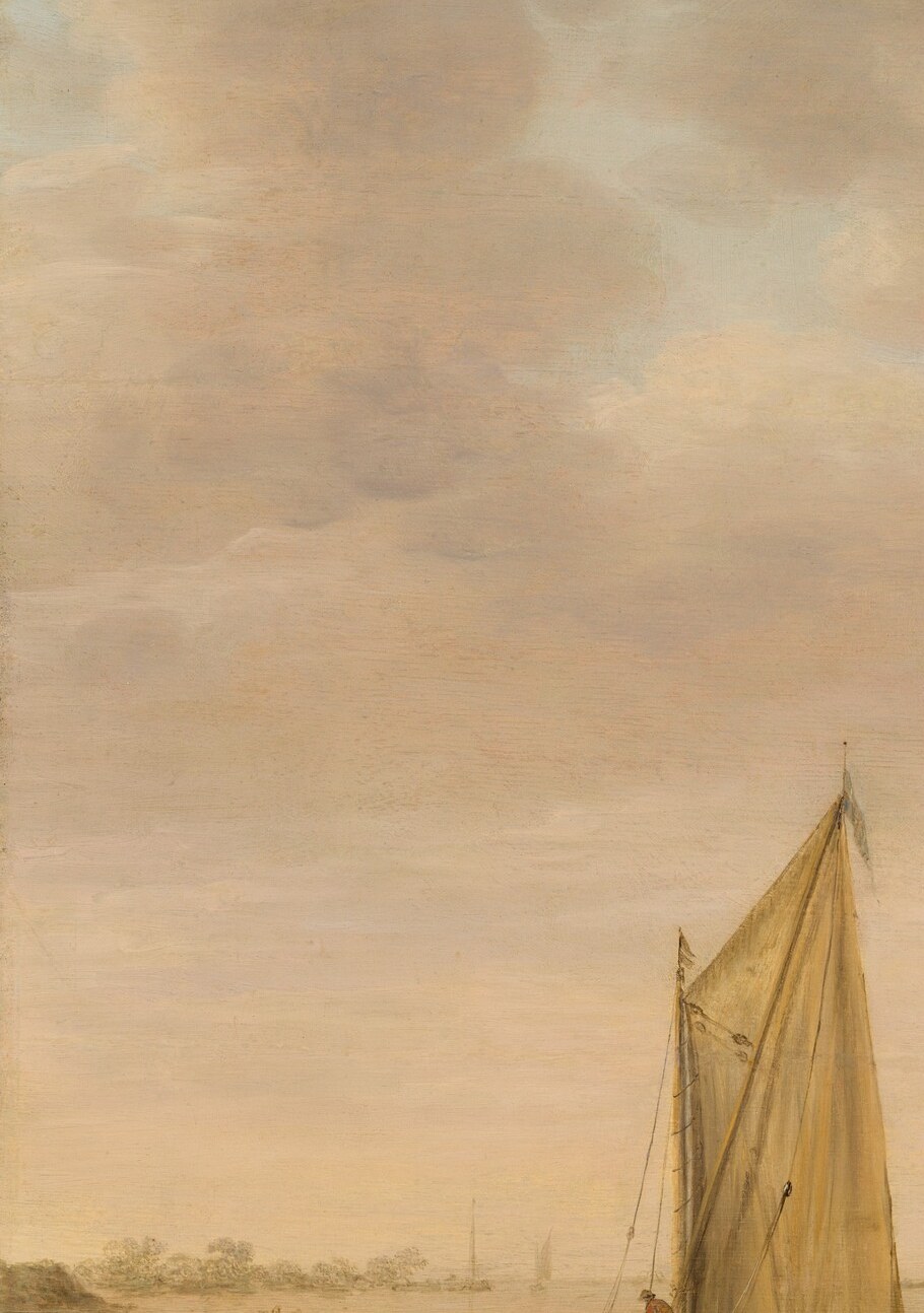 The dominant vertical element anchoring the left side; the billowing sail creates the strongest tonal contrast in the composition and draws the eye inward toward the city.