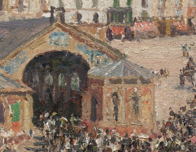 Figures gather beneath a large, covered archway.