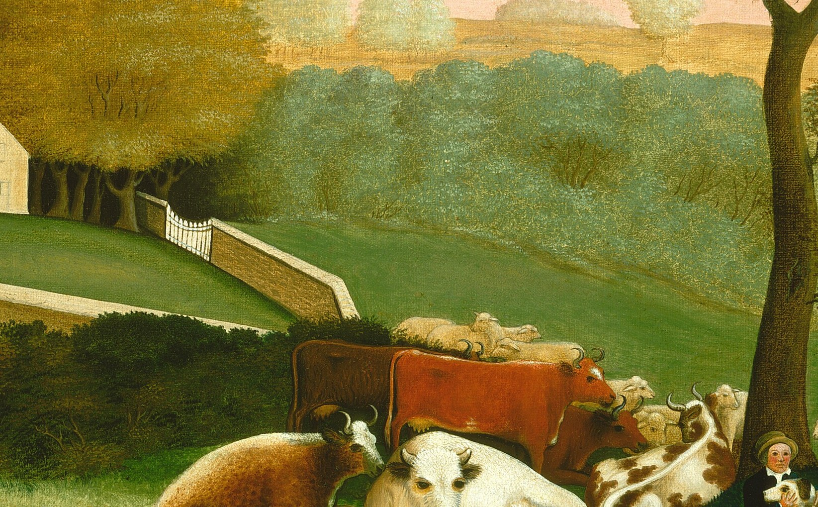 The grazing cattle represent productive land and peaceful living.