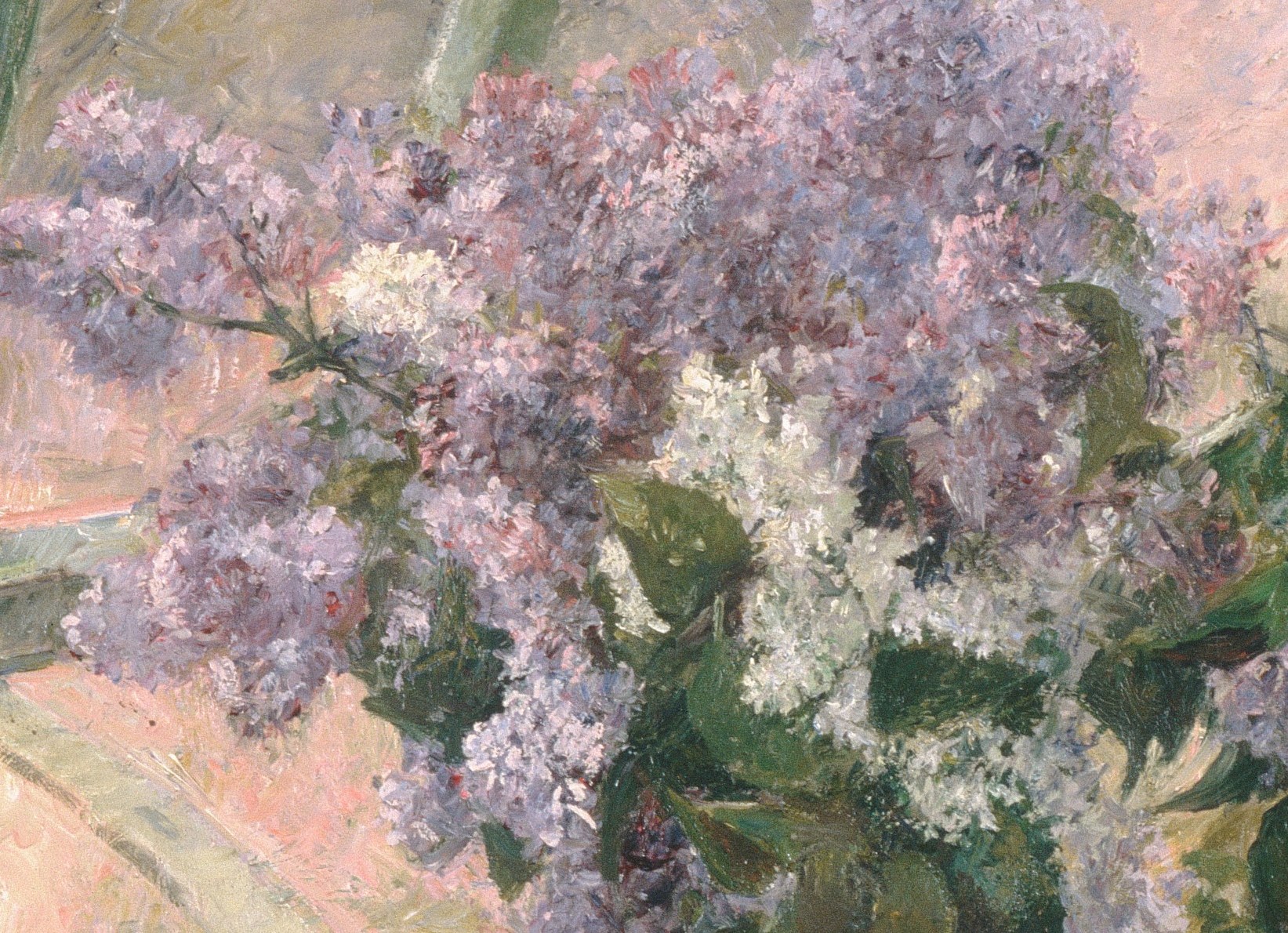 The leaves are painted with confident, abbreviated strokes , dark anchors that make the pale blossoms appear to leap forward